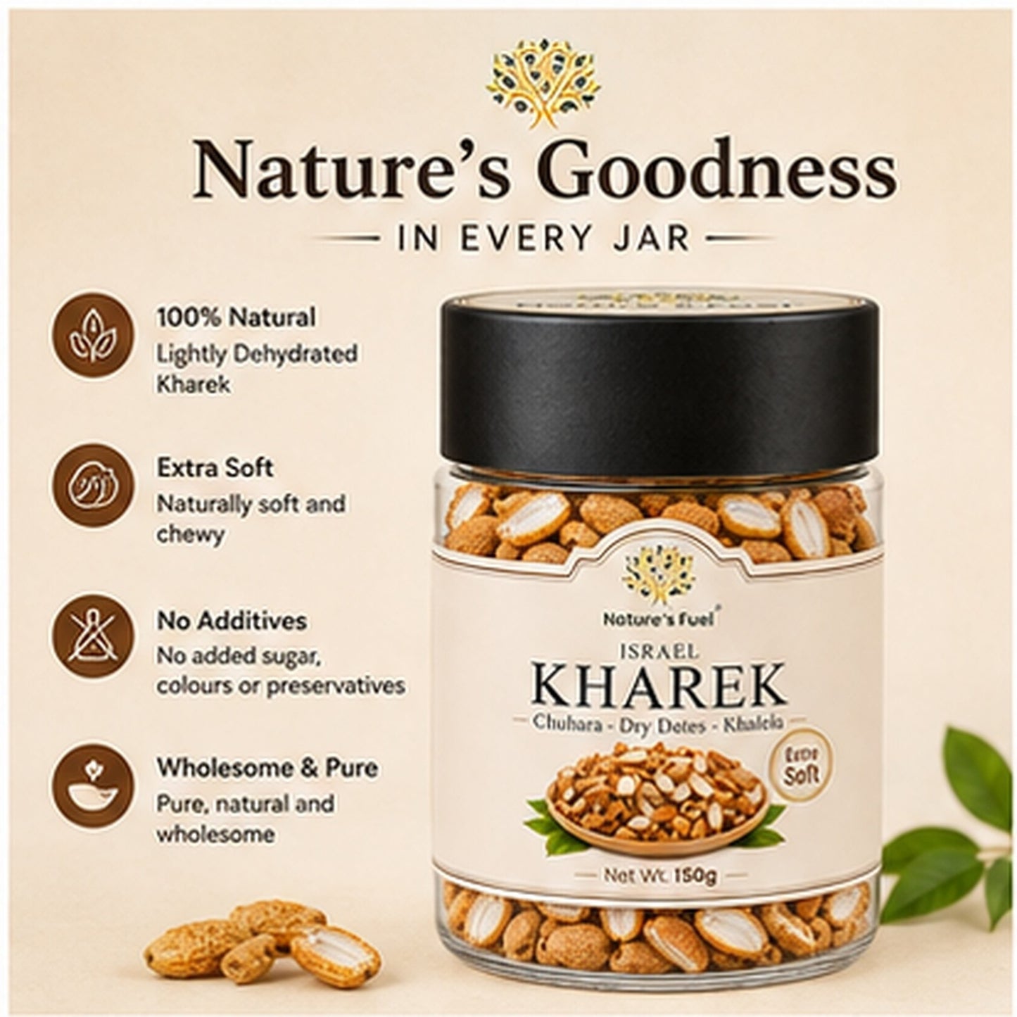 Israel Kharek jar features - 100% natural, extra soft, no additives, wholesome and pure