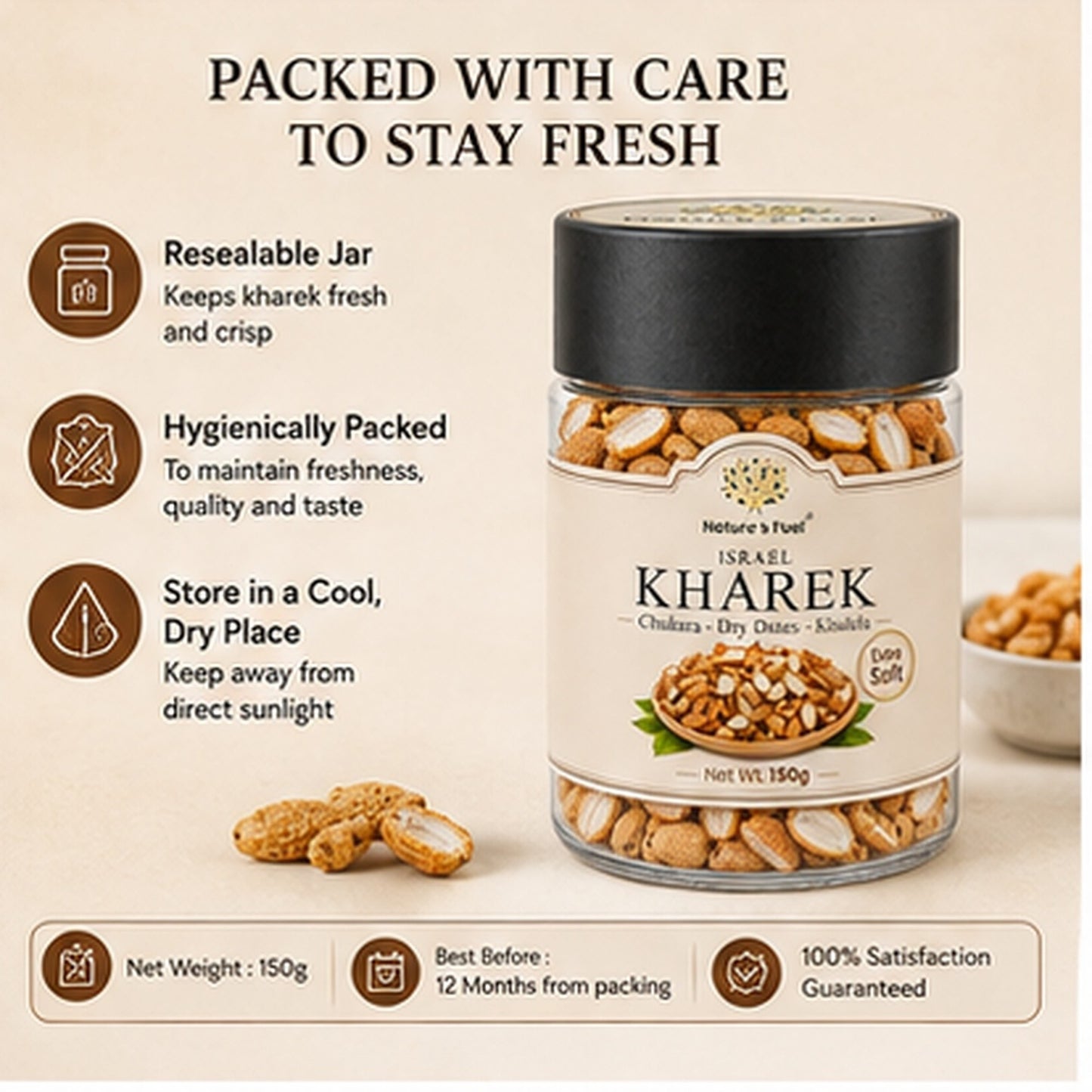 Resealable and hygienically packed 150g Nature's Fuel Israel Kharek jar stays fresh